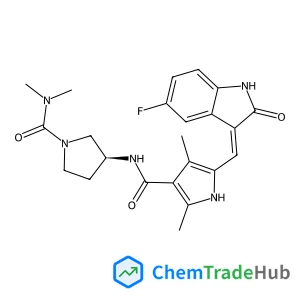 N-[(3S)-1-(Dimethylcarbamoyl)-3-pyrrolidinyl]-5-[(Z)-(5-fluoro-2-oxo-1,2-dihydro-3H-indol-3-ylidene)methyl]-2,4-dimethyl-1H-pyrrole-3-carboxamide structure