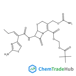 [(2,2-Dimethylpropanoyl)oxy]methyl (6R,7R)-7-{[(2Z)-2-(2-amino-1,3-thiazol-4-yl)-2-pentenoyl]amino}-3-[(carbamoyloxy)methyl]-8-oxo-5-thia-1-azabicyclo[4.2.0]oct-2-ene-2-carboxylate