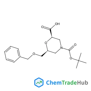 (2R,6S)-6-[(Benzyloxy)methyl]-4-{[(2-methyl-2-propanyl)oxy]carbonyl}-2-morpholinecarboxylic acid structure