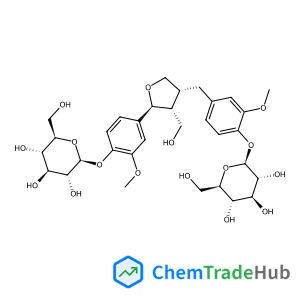 4-[(2S,3R,4R)-4-[4-(beta-D-Glucopyranosyloxy)-3-methoxybenzyl]-3-(hydroxymethyl)tetrahydro-2-furanyl]-2-methoxyphenyl beta-D-glucopyranoside structure
