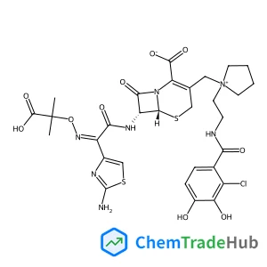 (6R,7R)-7-{[(2Z)-2-(2-Amino-1,3-thiazol-4-yl)-2-{[(2-carboxy-2-propanyl)oxy]imino}acetyl]amino}-3-[(1-{2-[(2-chloro-3,4-dihydroxybenzoyl)amino]ethyl}-1-pyrrolidiniumyl)methyl]-8-oxo-5-thia-1-azabicycl
o[4.2.0]oct-2-ene-2-carboxylate