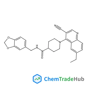 N-(1,3-Benzodioxol-5-ylmethyl)-1-(3-cyano-6-ethyl-4-quinolinyl)-4-piperidinecarboxamide structure