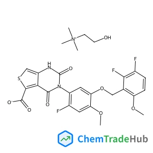 2-Hydroxy-N,N,N-trimethylethanaminium 3-{5-[(2,3-difluoro-6-methoxybenzyl)oxy]-2-fluoro-4-methoxyphenyl}-2,4-dioxo-1,2,3,4-tetrahydrothieno[3,4-d]pyrimidine-5-carboxylate