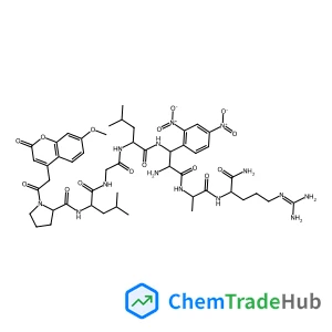 1-[(7-Methoxy-2-oxo-2H-chromen-4-yl)acetyl]-L-prolyl-L-leucylglycyl-N-[(2S)-2-amino-3-{[(2S)-1-{[(2S)-1-amino-5-carbamimidamido-1-oxo-2-pentanyl]amino}-1-oxo-2-propanyl]amino}-1-(2,4-dinitrophenyl)-3-
oxopropyl]-L-leucinamide structure