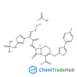 (6R,7R)-7-({(2Z)-2-(Ethoxyimino)-2-[5-(phosphonoamino)-1,2,4-thiadiazol-3-yl]acetyl}amino)-3-{[4-(1-methyl-4-pyridiniumyl)-1,3-thiazol-2-yl]sulfanyl}-8-oxo-5-thia-1-azabicyclo[4.2.0]oct-2-ene-2-carbox
ylate acetate (1:1)