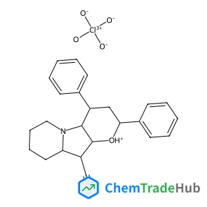 10-Cyano-2,4-diphenyldecahydro-2H-pyrano[2,3-b]indolizin-1-ium perchlorate structure