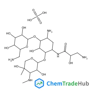 3-Amino-N-[(1R,2S,3S,4R,5S)-5-amino-4-[(6-amino-6-deoxy-alpha-D-glucopyranosyl)oxy]-2-{[3-deoxy-4-C-methyl-3-(methylamino)-beta-L-arabinopyranosyl]oxy}-3-hydroxycyclohexyl]-2-hydroxypropanamide sulfat
e (1:1)