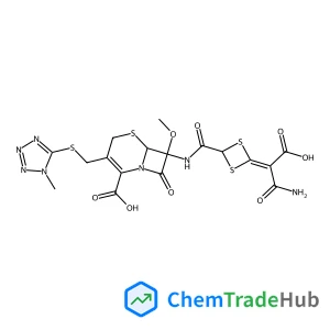 (6R,7S)-7-({[4-(2-Amino-1-carboxy-2-oxoethylidene)-1,3-dithietan-2-yl]carbonyl}amino)-7-methoxy-3-{[(1-methyl-1H-tetrazol-5-yl)sulfanyl]methyl}-8-oxo-5-thia-1-azabicyclo[4.2.0]oct-2-ene-2-carboxylic a
cid