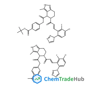 1-[4-[2-(4-Acetylphenyl)acetyl]-3-methyl-2,4,6,7-tetrahydropyrazolo[4,3-c]pyridin-5-yl]-3-[3-chloro-2-fluoro-6-(tetrazol-1-yl)phenyl]prop-2-en-1-one;tert-butyl 4-[2-[5-[3-[3-chloro-2-fluoro-6-(tetrazol-1-yl)phenyl]prop-2-enoyl]-3-methyl-2,4,6,7-tetrahydropyrazolo[4,3-c]pyridin-4-yl]-2-oxoethyl]benzoate
