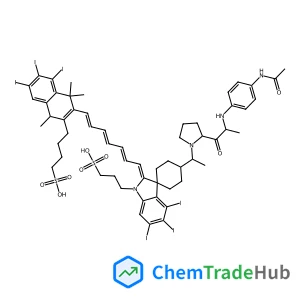 4-[3-[7-[4-[1-[2-[2-(4-acetamidoanilino)propanoyl]pyrrolidin-1-yl]ethyl]-4',5',6'-triiodo-1'-(3-sulfopropyl)spiro[cyclohexane-1,3'-indole]-2'-ylidene]hepta-1,3,5-trienyl]-5,6,7-triiodo-1,4,4-trimethyl-1H-naphthalen-2-yl]butane-1-sulfonic acid